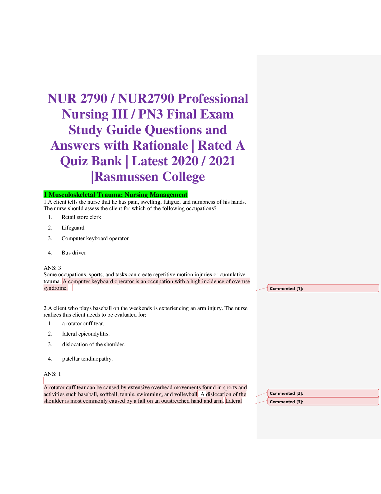 NUR 2790 / NUR2790 Professional Nursing III / PN3 Final Exam Study Guide Questions and Answers . Rasmussen College